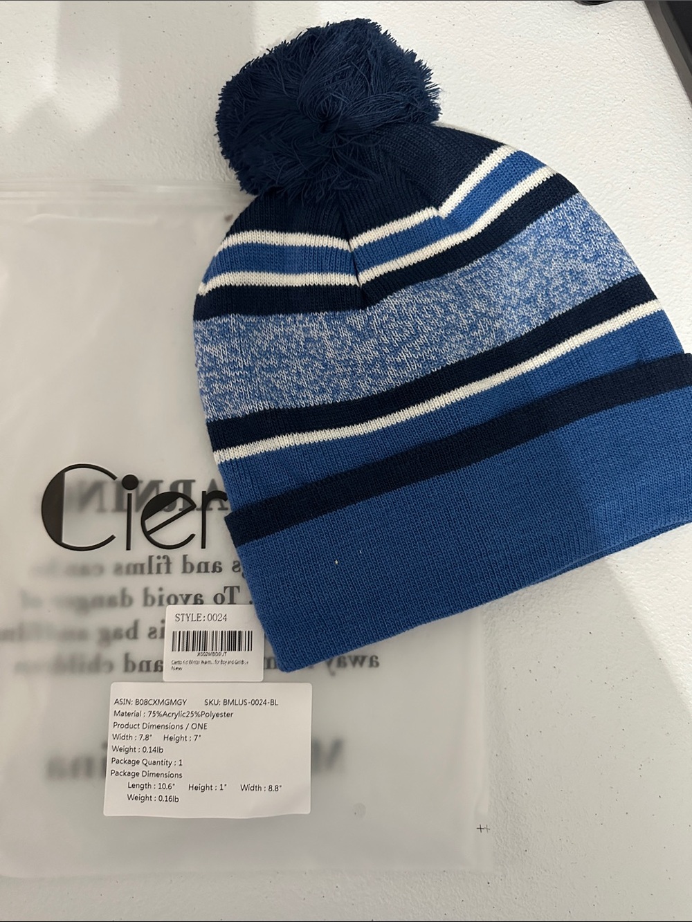 Blue Striped Pom Pom Kids Beanie Hat